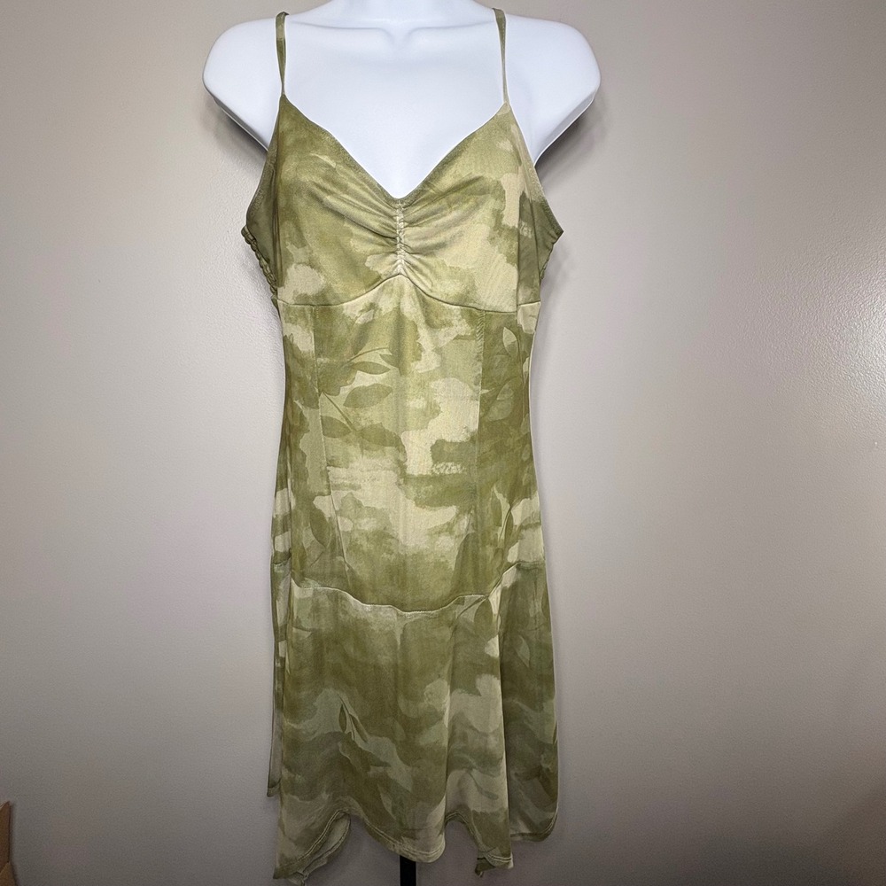 Planet Heart Green Camo Floral Mesh Handkerchief Hem Midi Dress Large